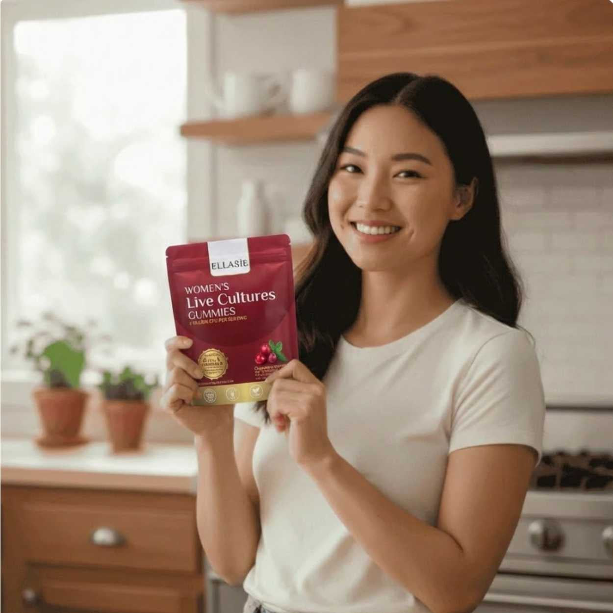 Woman holding a package of ELLASIE Women's Live Cultures Gummies in a kitchen.