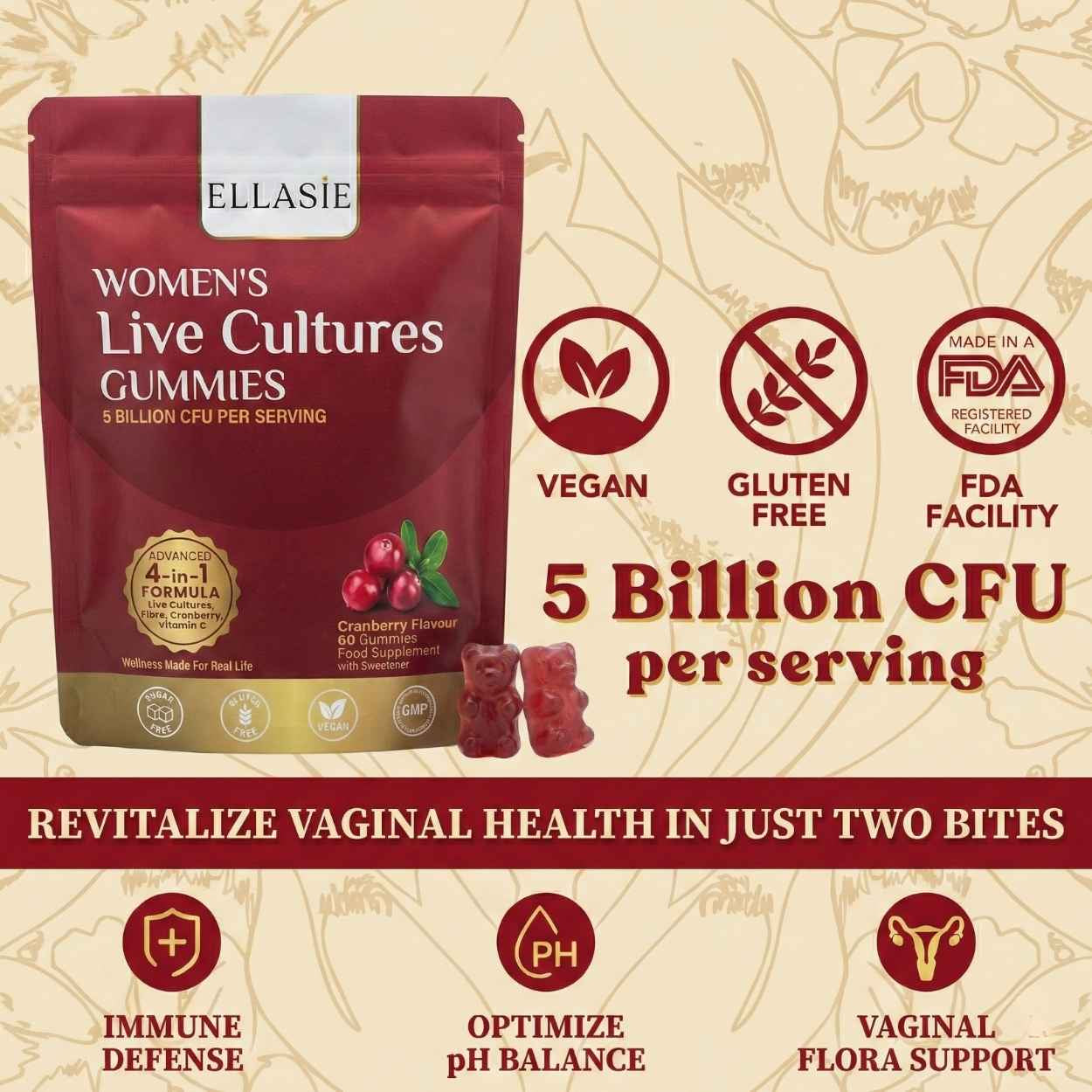 EllaSIE women's live cultures gummies packaging with branding and product features on a beige background.