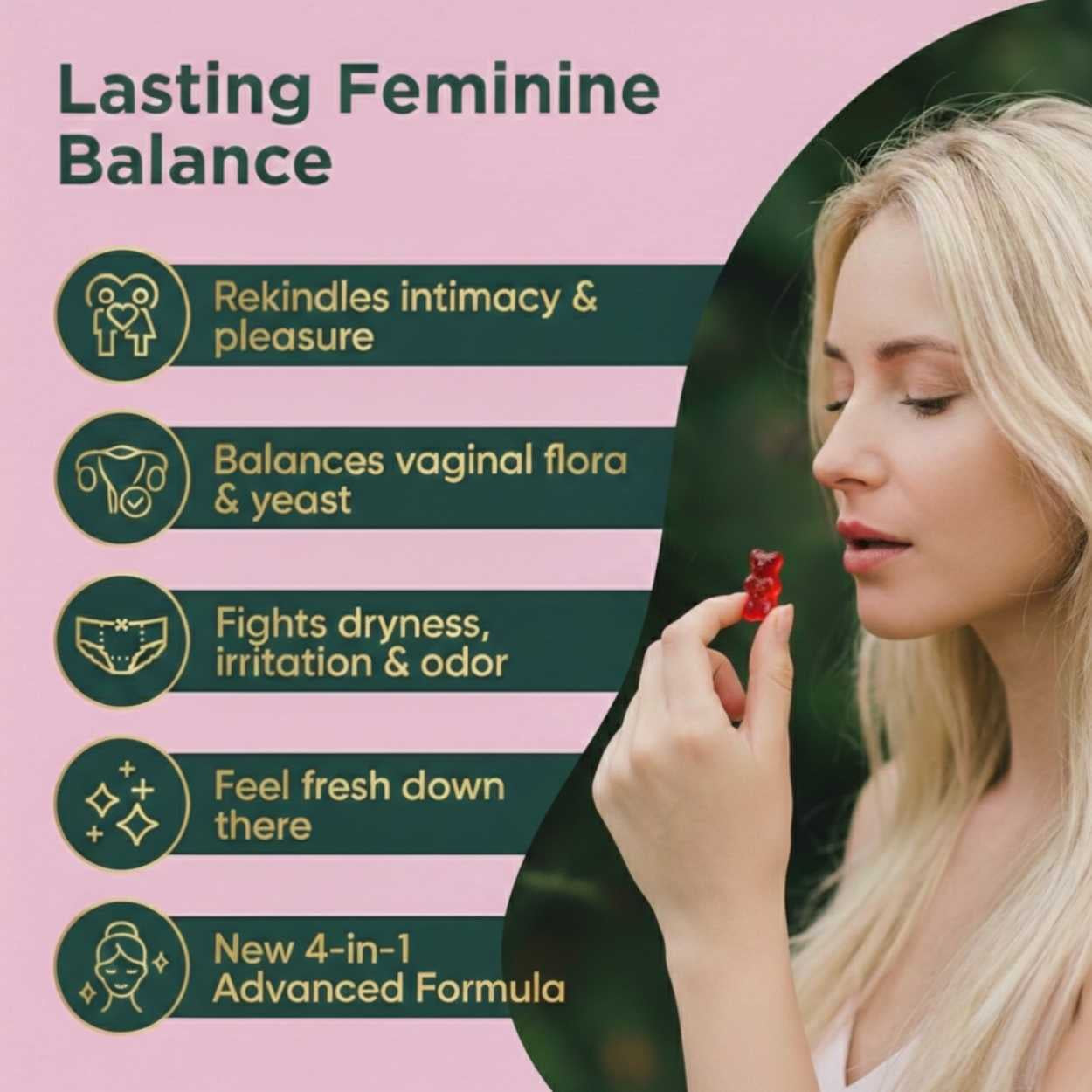 Product advertisement for 'Lasting Feminine Balance' with a woman holding a small red device against a pink background.