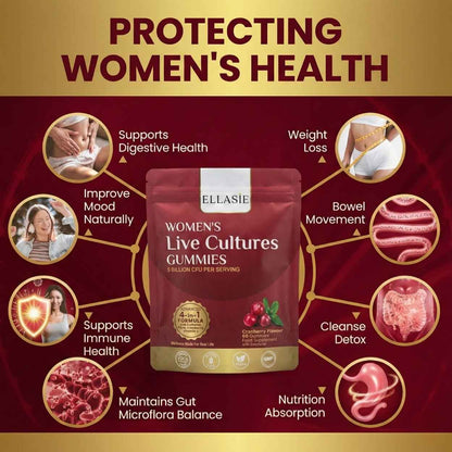 EllaSIE Women's Live Cultures Gummies packaging with health benefits on a red and gold background