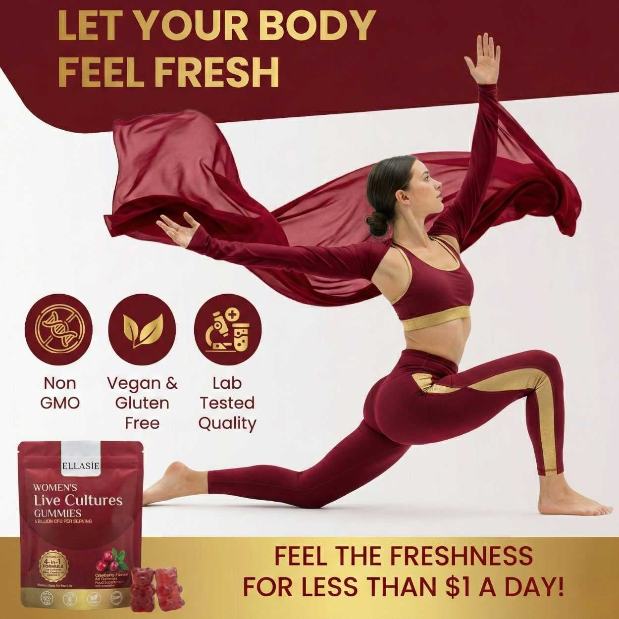 Woman in maroon athletic wear with a red fabric, promoting 'Let Your Body Feel Fresh' with product packaging.