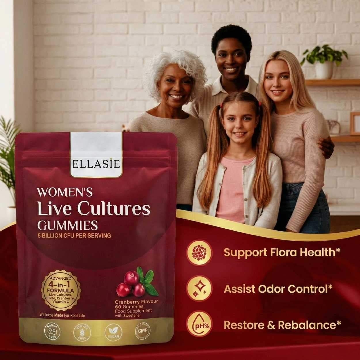 EllaSIE Women's Live Cultures Gummies package with a family in a kitchen setting