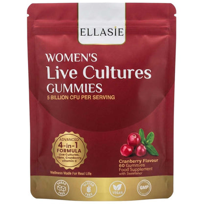 Packaging of Ellasie Women's Live Cultures Gummies with cranberry flavor on a white background