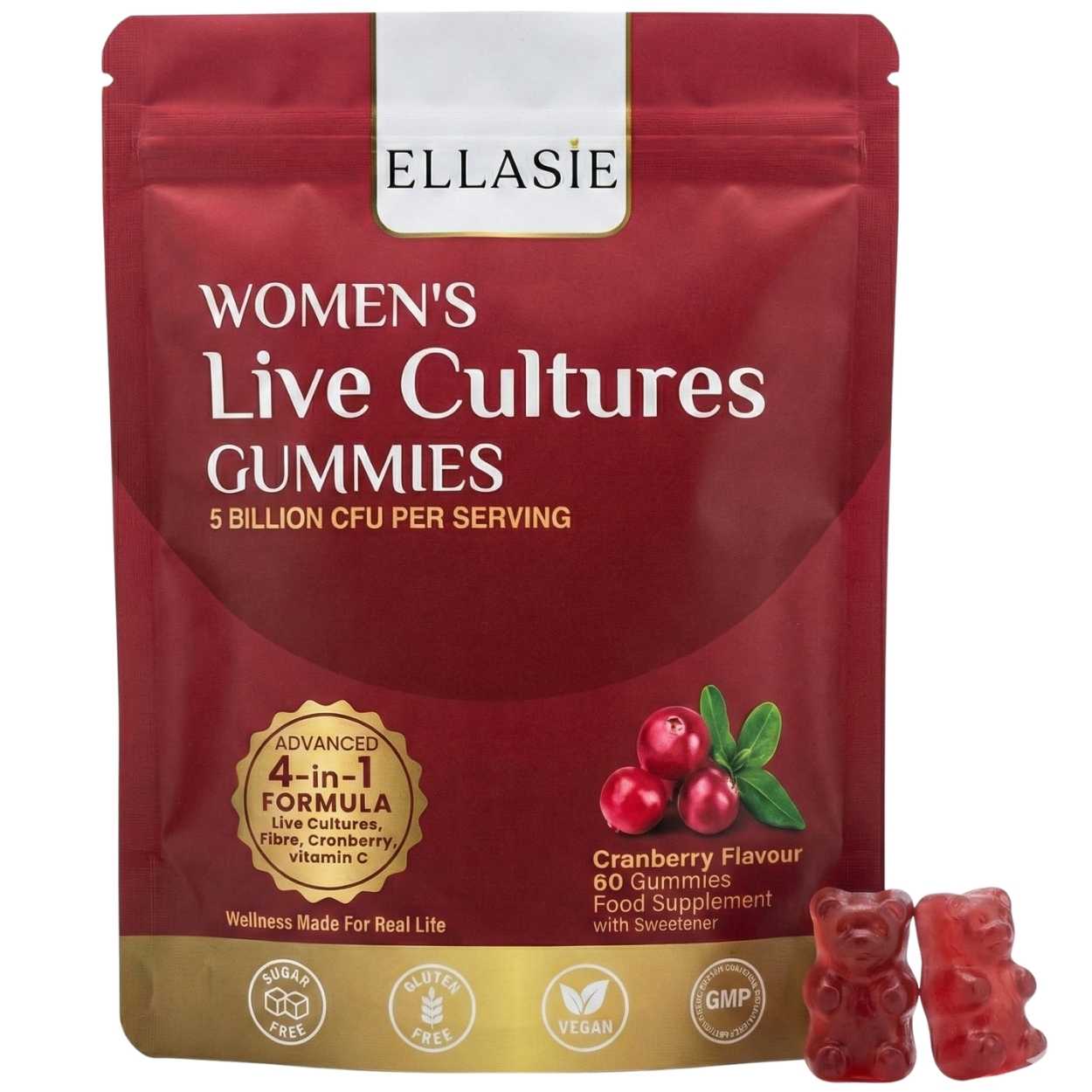 Red package of Ellasie Women's Live Cultures Gummies with cranberry flavor on a white background