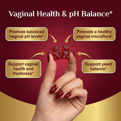 Gummy bears promoting vaginal health and pH balance with a hand holding them against a red and gold background.