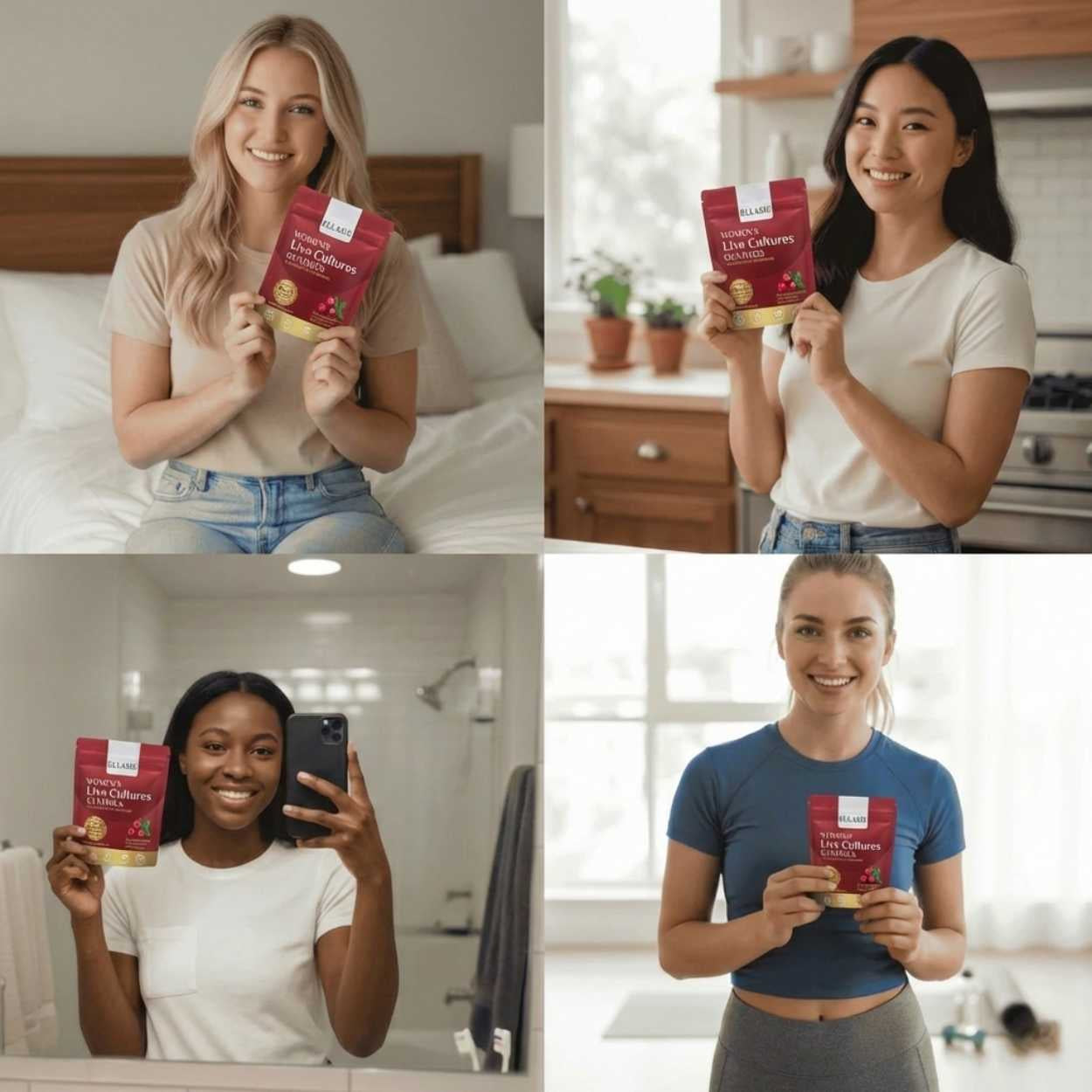 Four women holding a ellasie gummies product package in different indoor settings.