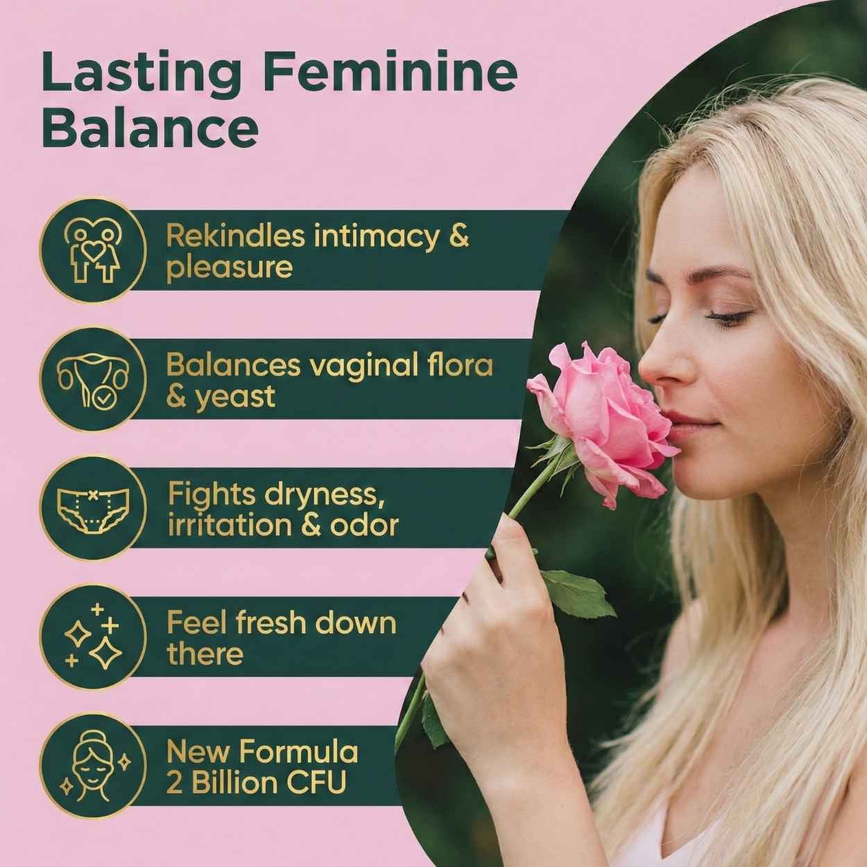 Woman holding a pink rose with text about 'Lasting Feminine Balance' on a pink background