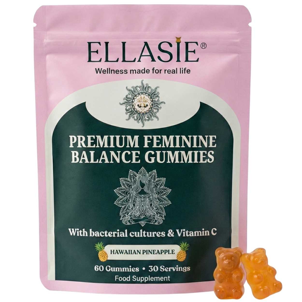 Packaging of Ellasie premium feminine balance gummies with Hawaiian pineapple flavor on a white background.