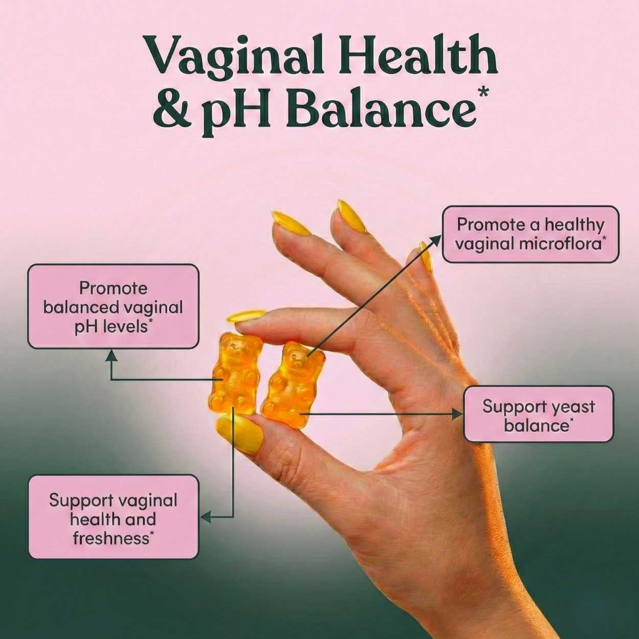 Hand holding gummy bears with text on vaginal health and pH balance on a pink and green gradient background.