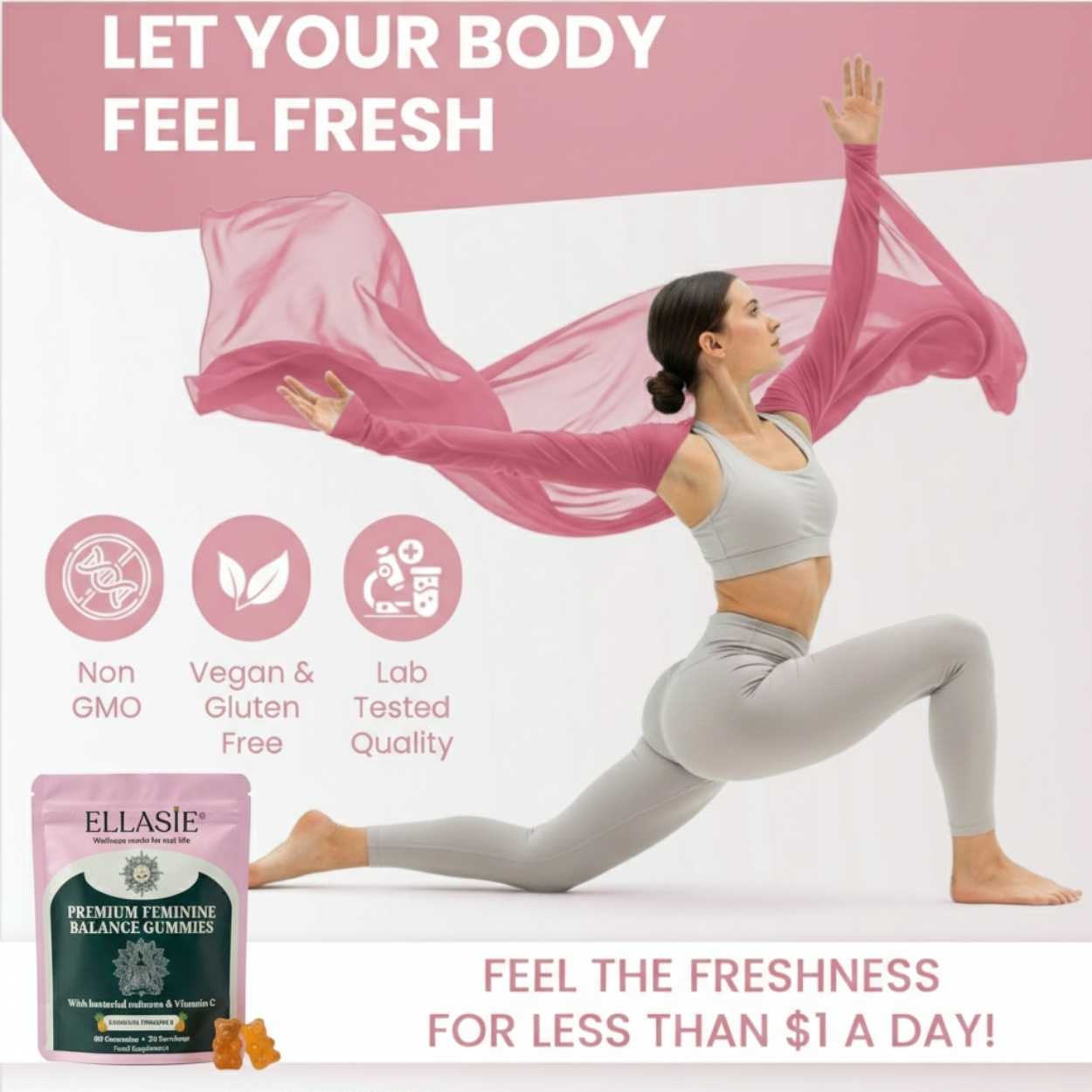 Woman in yoga pose with pink fabric, Ellasie gummies packaging, and promotional text on a light pink background