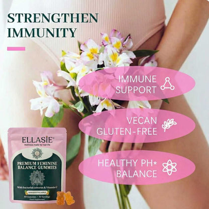 EllaSIE feminine health gummies packaging with a woman holding flowers, emphasizing immune support and health benefits.
