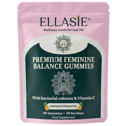 Package of Ellasie Premium Feminine Balance Gummies with pink and green design.