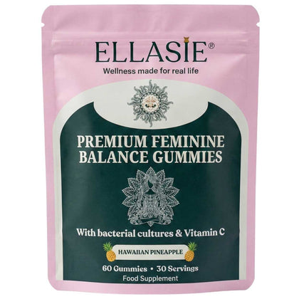 Package of Ellasie Premium Feminine Balance Gummies with pink and green design.