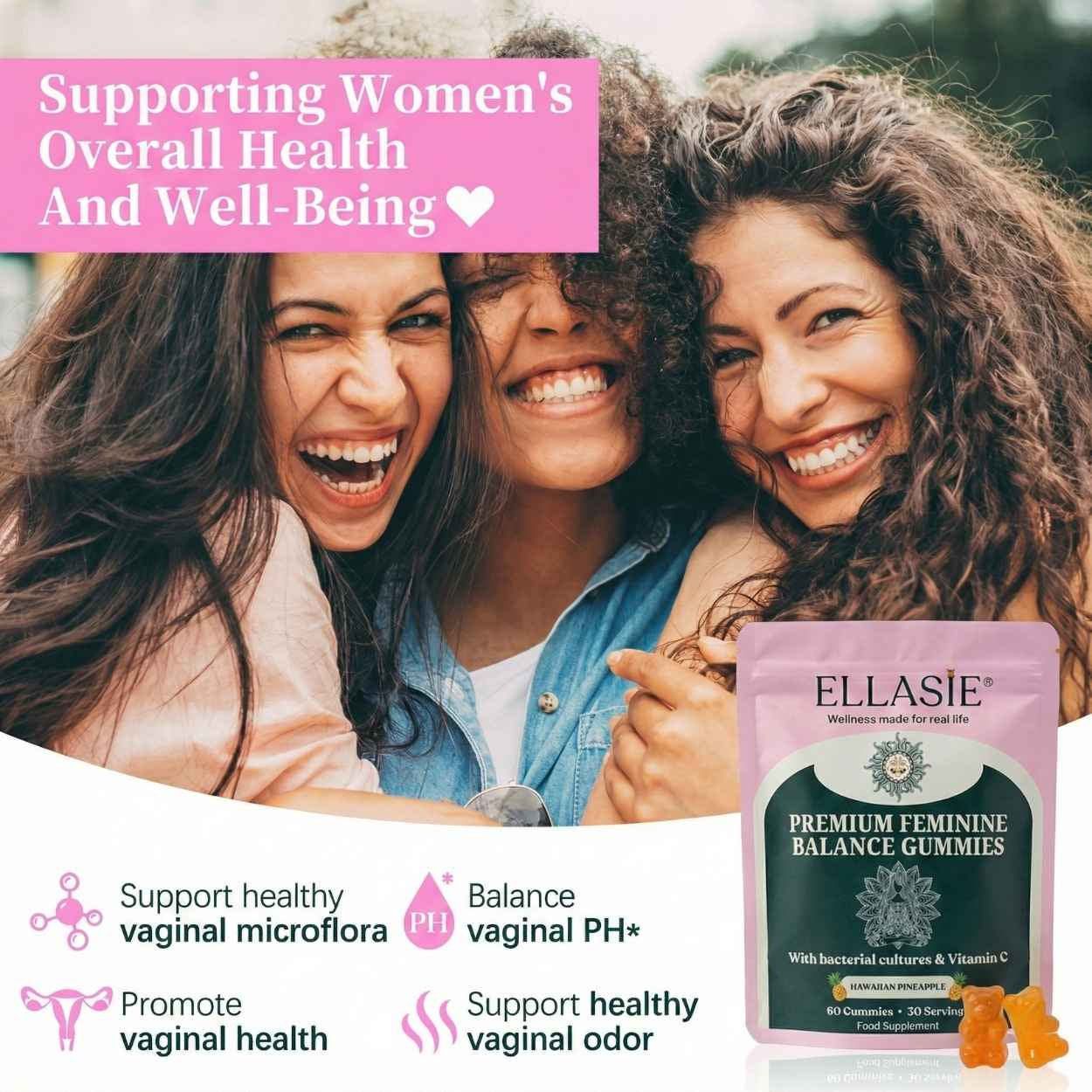 Three women laughing together with a package of Ellasie feminine health gummies in the foreground.