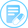 A light blue circular icon featuring a document with three horizontal bars and a capsule pill, commonly used as a placeholder or generic medical/health-related symbol.