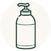 A simple line-art icon of a pump bottle with a blank label on a white background.