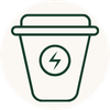 A simple line icon of a takeaway coffee cup with a lightning bolt symbol inside, shown in dark green on a white background.