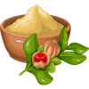 A bowl filled with a pale yellow powder or granules, shown with green leaves and a red berry in front on a plain white background.