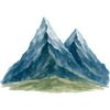 A stylized watercolor illustration of two blue mountains with green hills, shown on a white background.