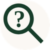 A dark green magnifying glass icon with a question mark inside, centered on a light beige background.