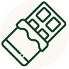 A minimalist green line icon depicting a chocolate bar, centered on a solid white background.