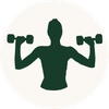 A dark green silhouette icon of a person lifting two dumbbells, centered on a light gray circular background.