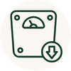 A simple flat icon of a square scale with a hanging weight and a downward arrow, shown in a light gray outline on a white background.