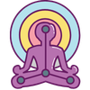 A stylized purple yoga figure meditating in front of a rainbow arch on a white background.
