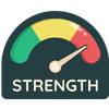A circular gauge graphic with the word 'STRENGTH' at the bottom, featuring colored segments in green, yellow, and red around a white background and a white needle pointing upward.