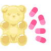 A small beige teddy bear illustration with pink oval pills scattered around it on a white background.