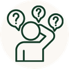 A dark green line-art icon of a person with question marks floating above their head, set against a solid white background.