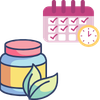 A jar of supplement powder with a green leaf label next to a pink calendar icon and a small clock icon on a white background.