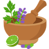 A stylized illustration of a wooden mortar and pestle with a green herb sprig, purple flowers, and a lime slice on a white background.