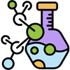 A stylized cartoon icon of a purple laboratory flask with green and yellow chemical droplets and a small molecule, on a light gray background.