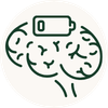 A minimalist vector-style icon depicting a stylized brain with a battery symbol above it, rendered in dark green on a white background.