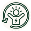A circular green and black icon featuring a stylized hand with a lightning bolt and sunburst, enclosed in a curved arrow.