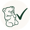 A circular graphic featuring a dark green line-drawn teddy bear holding a checkmark on a white background.