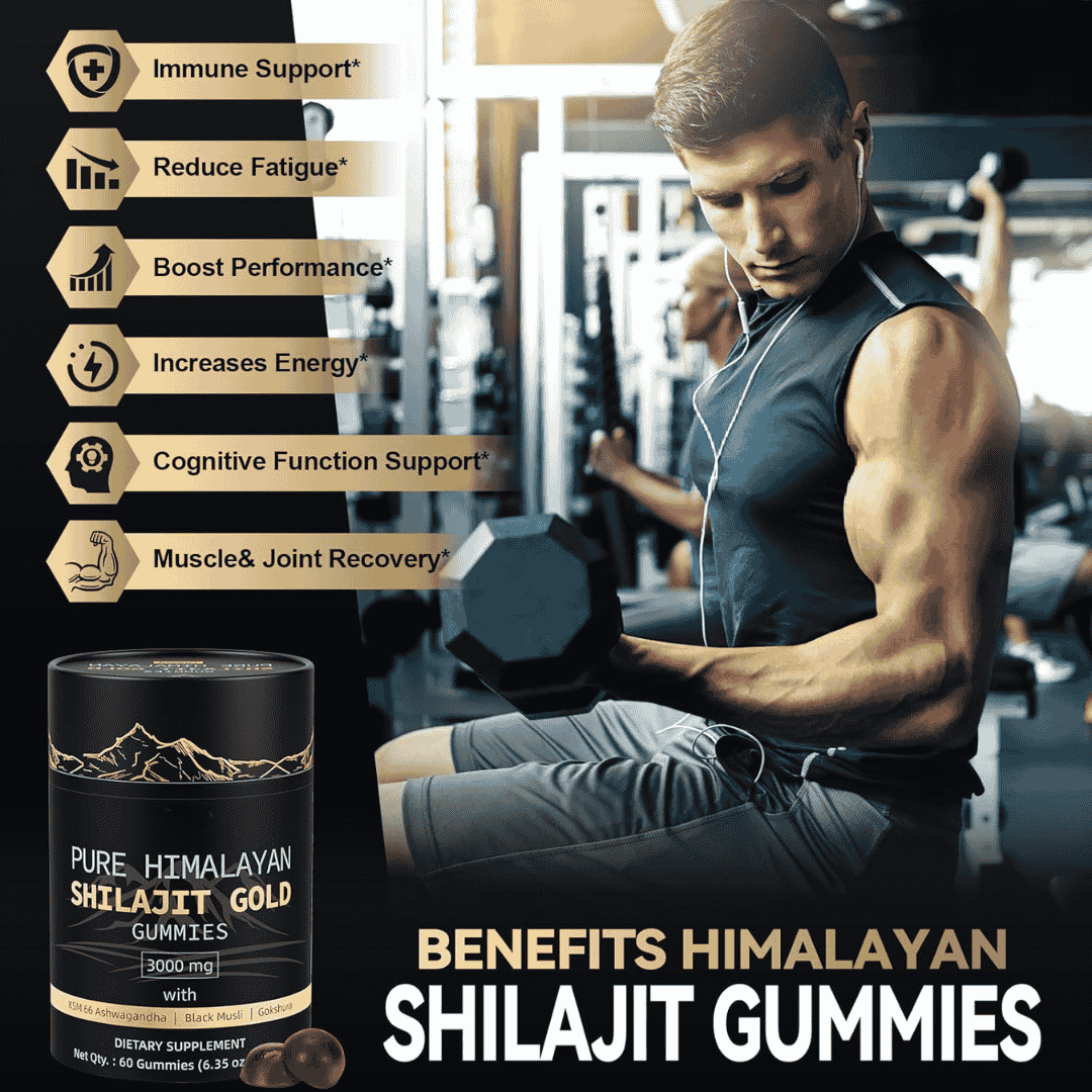 Himalayan Shilajit Gummies with Ashwagandha & Gokshura. 60 count, vegan, sugar-free. A premium supplement with shilajit.