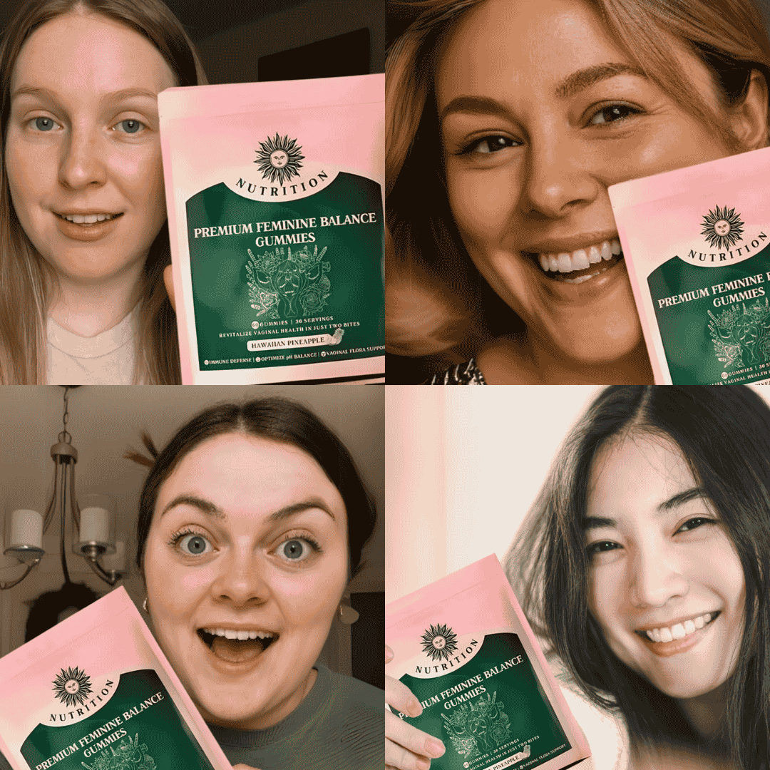 Four people holding and showing a package of Premium Feminine Balance Gummies with a Ellasie logo.