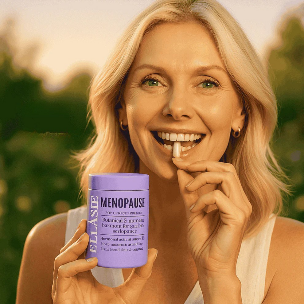 Smiling woman holding a purple supplement container labeled 'Menopause Supplement' by ELASIE against an outdoor background