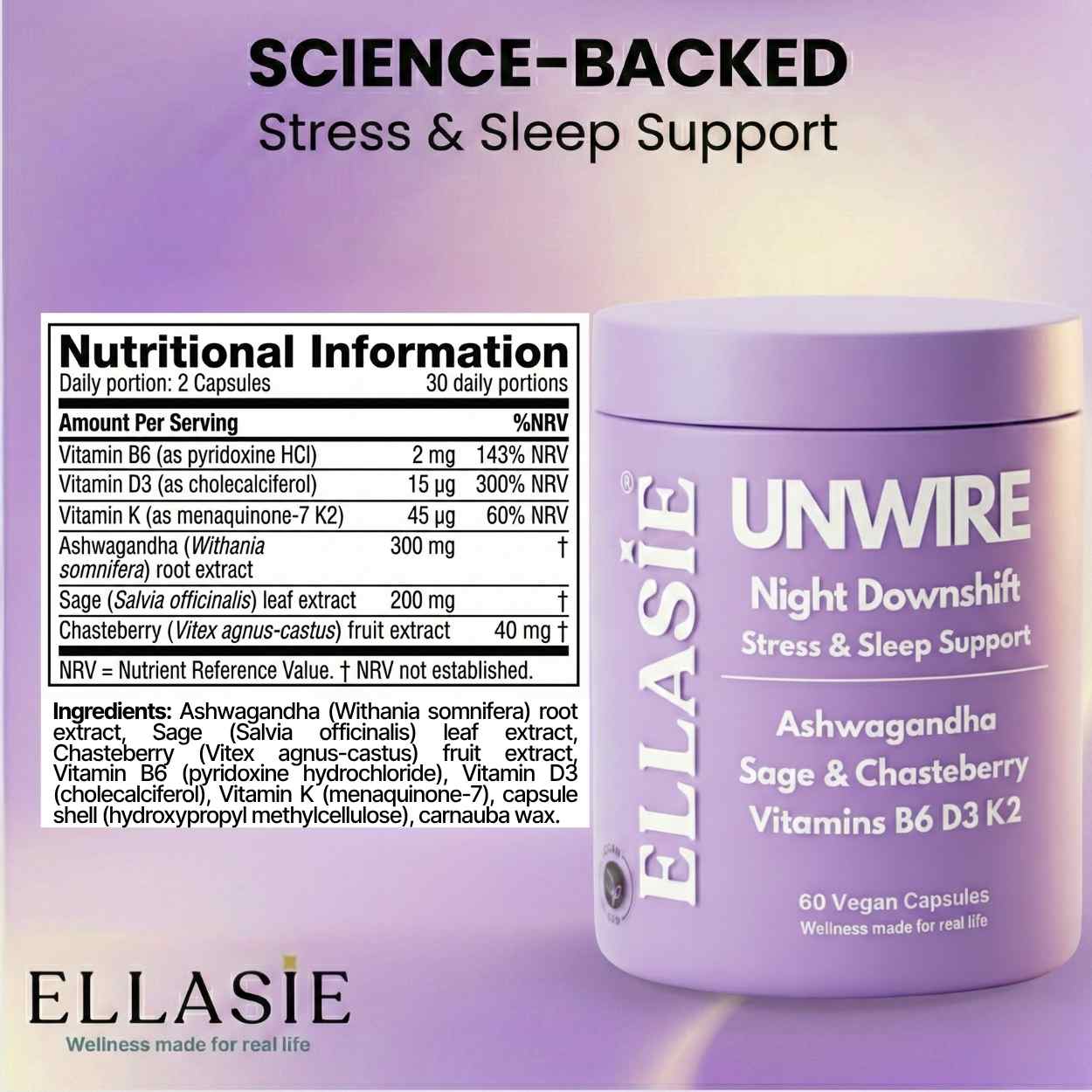 ELLASIE UNWIRE Night Downshift supplement container with nutritional information on a purple background