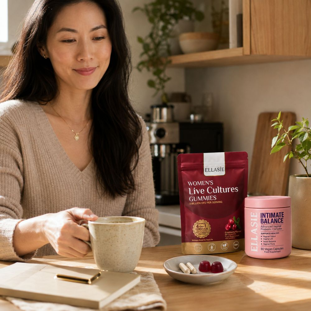 A woman sits at a kitchen table holding a mug, with two supplement products on the table: a red bag labeled ELLASIE Women's Live Cultures Gummies and a pink container labeled Intimate Balance.