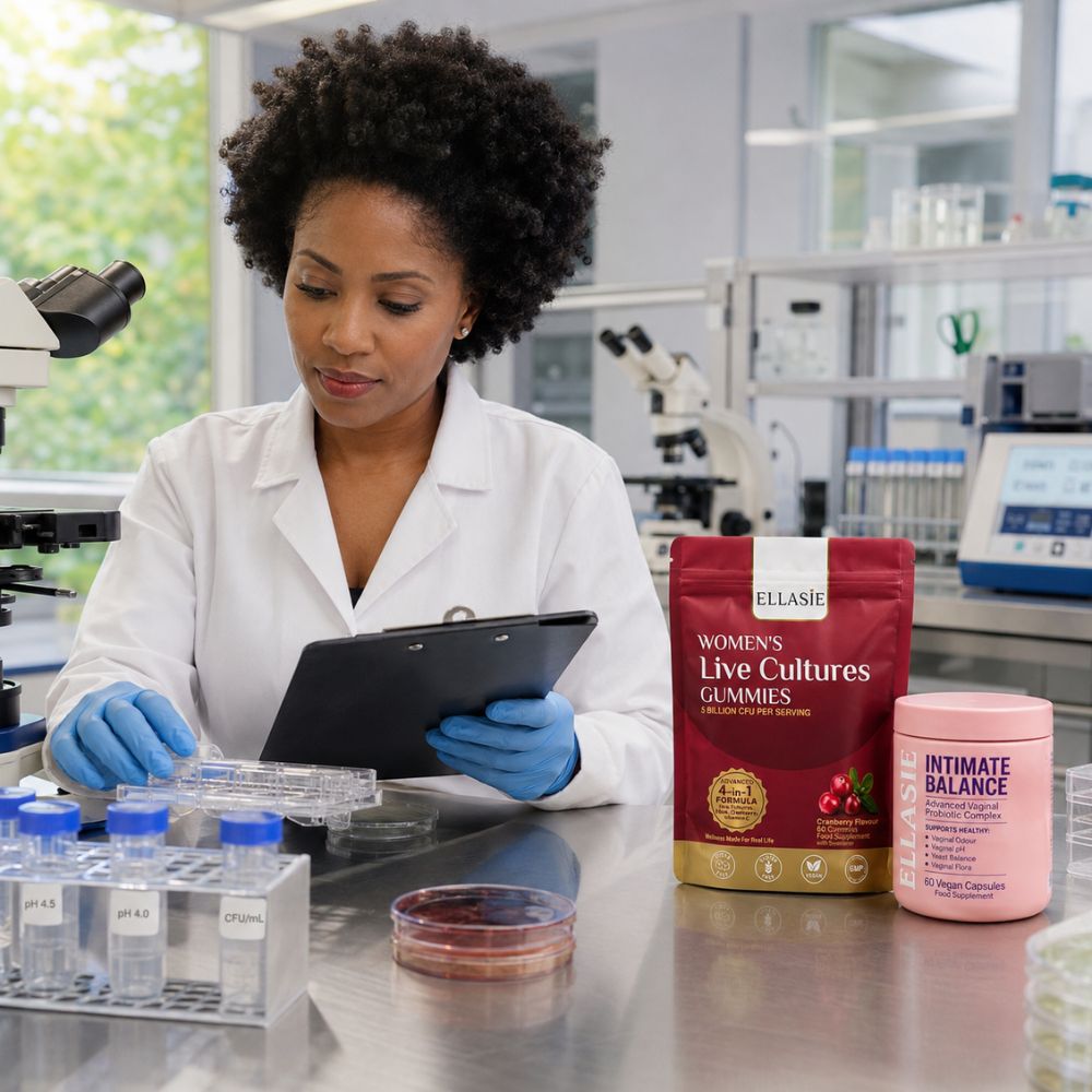 A woman in a white lab coat and blue gloves works at a lab bench holding a clipboard, with two supplement containers on the counter in front of her: a red bag labeled Ellasie Women's Live Cultures Gummies and a pink tub labeled Intimate Balance.