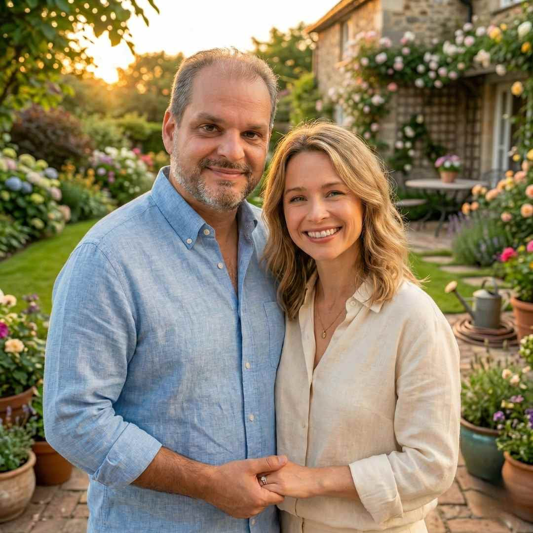 Man and woman standing together in a garden during sunset, ellasie owners