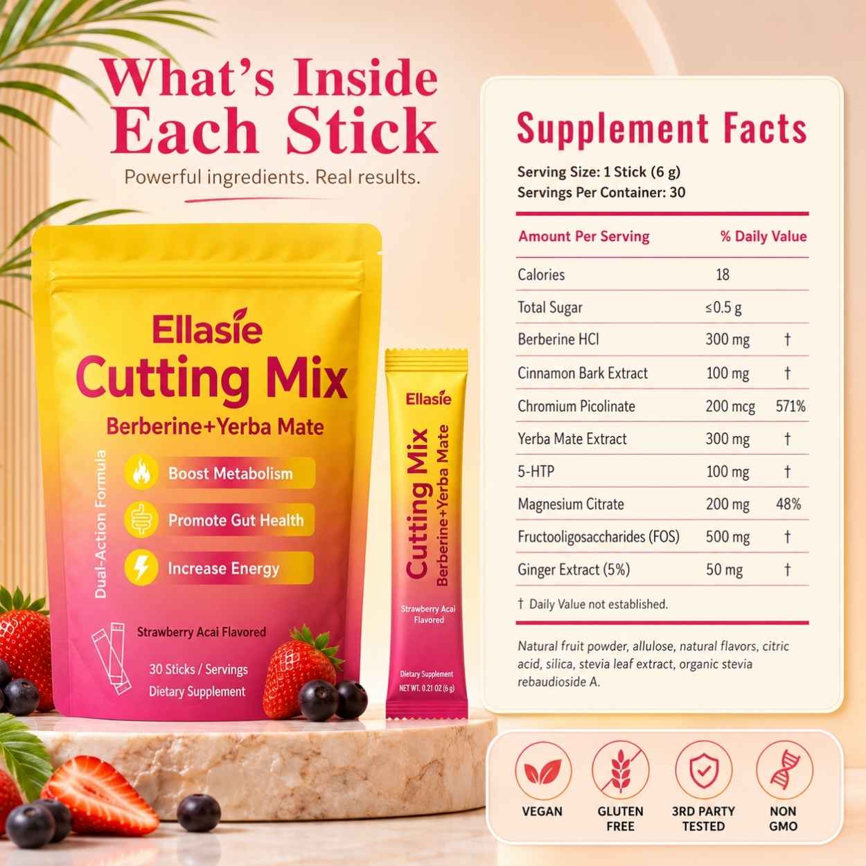 Supplement facts for Ellasie Berberine Cutting Drink Mix with berberine HCl, chromium, yerba mate, FOS, magnesium, ginger, cinnamon and 5 HTP