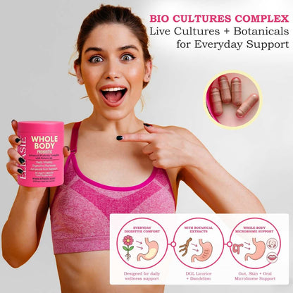 Woman holding a pink container labeled 'Whole Body' Ellasie with text about bio cultures complex on a light gray background.