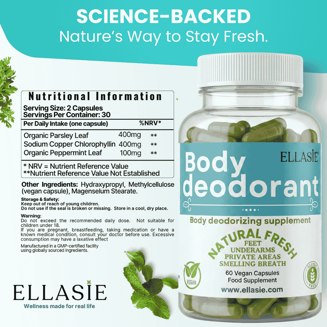 Bottle of Ellasie body deodorant supplement with nutritional information on a white background