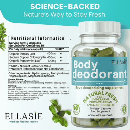 Bottle of Ellasie body deodorant supplement with nutritional information on a white background