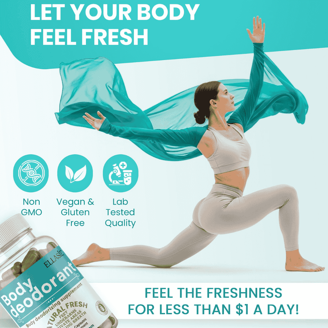 Woman in a yoga pose with a teal scarf, promoting a body deodorant product.