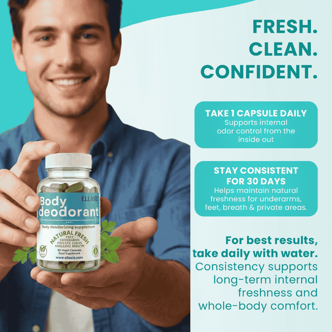 Man holding a bottle of 'Body Deodorant' supplement with promotional text on a teal and white background.